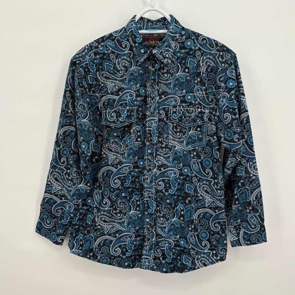 Rock & Roll Cowboy Mens Large Teal Black Paisley Western Pearl Snap Long Sleeve